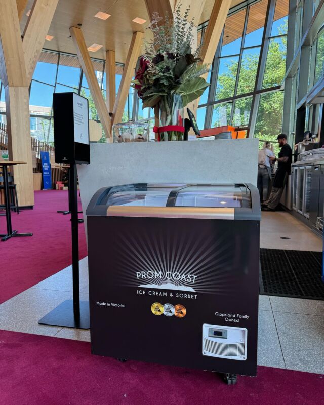 One of our new ice cream freezers looking resplendent in The Benjamin Cafe within the Gippsland Performing Arts Centre and Visitor Information Centre in Traralgon. Now theatre-goers and tourists alike can enjoy our ice cream and sorbet. @promcoasticecream #thebenjamincafe #traralgon #gippslandperformingartscentre #gippslandlivemusicvenue #traralgonvisitorscentre #icecream #sorbet #localbusiness #gippsland